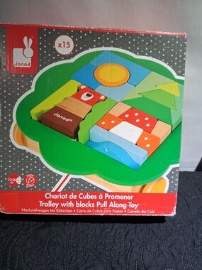 Janod Green Wooden Pull-Along Cube Trolley with Colorful Blocks